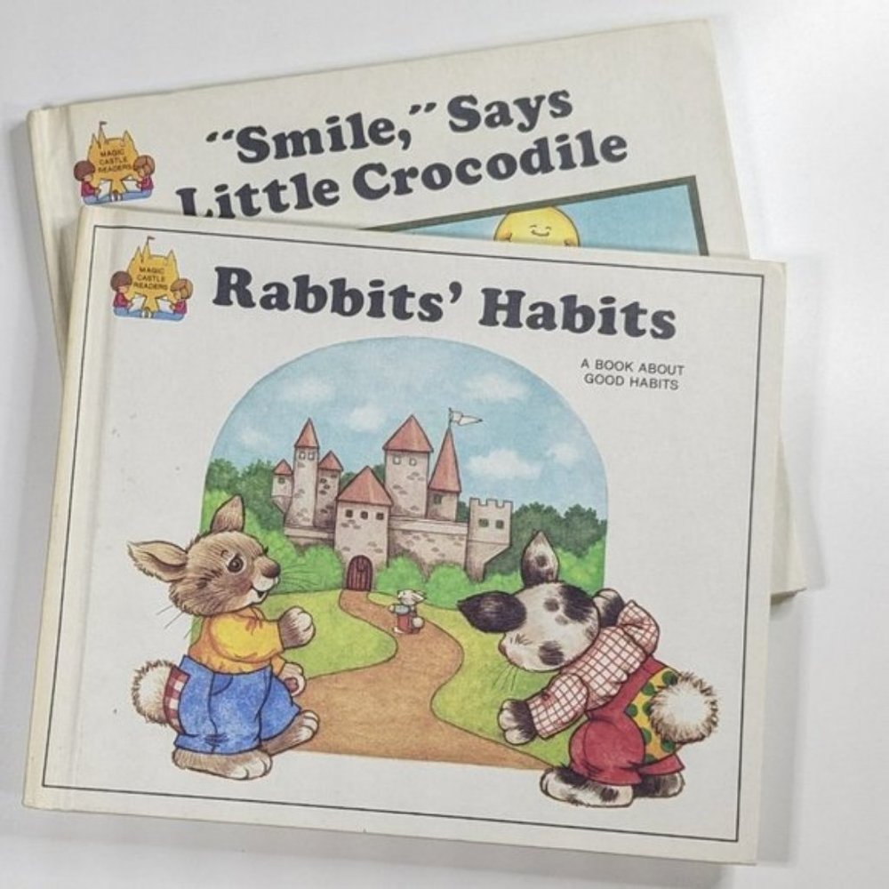 Vintage Childrens Books Rabbits Habits and Smile says Little Crocodile 1988